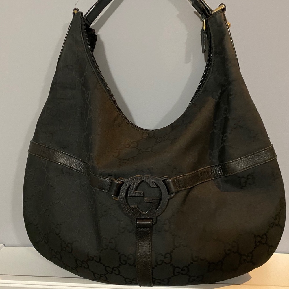 Gucci Black GG Canvas Hobo Shoulder Bag